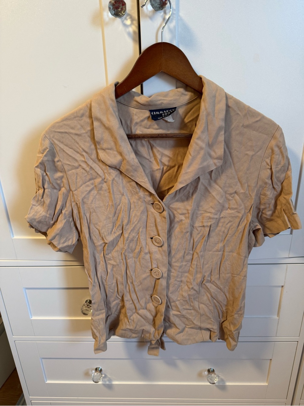 Vintage Button-Up Short Sleeve Blouse in Light Taupe